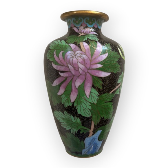 Other - Vintage Cloisonné Floral Vase with Pink Chrysanthemum and Green Leaves
